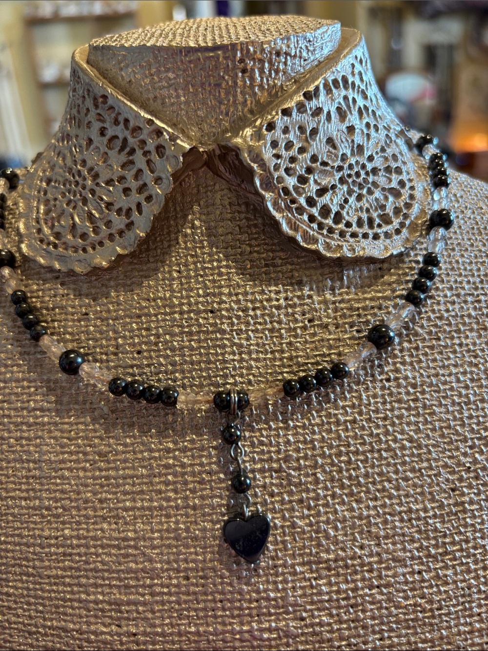 Black Beaded Heart Pendant Necklace - Women's Jewelry